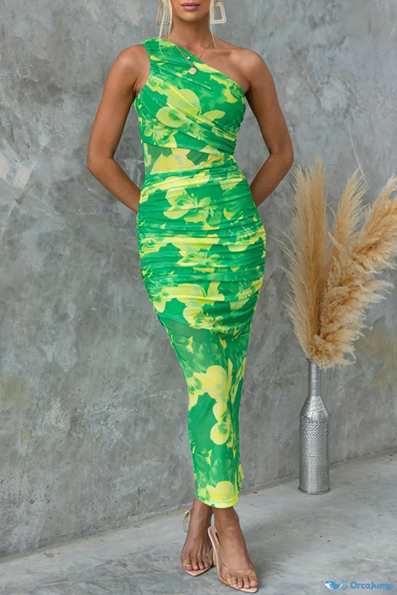 Stylish one-piece skirt dress with pleated bias neckline and patterned print