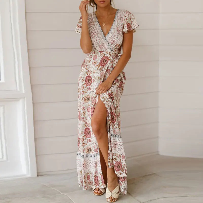 Mc | Elegant summer maxi dress with ruffles, short sleeves and deep V-neckline
