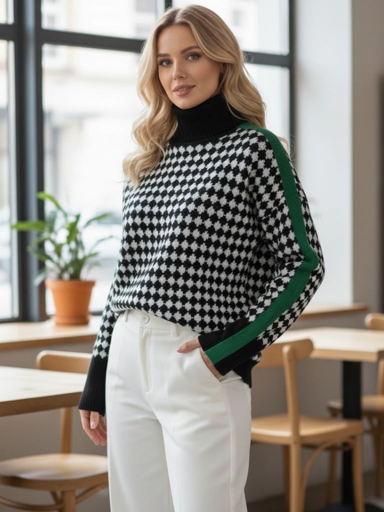 Isabelle Moreau | Women's Chic and Comfortable Patterned Turtleneck Sweater