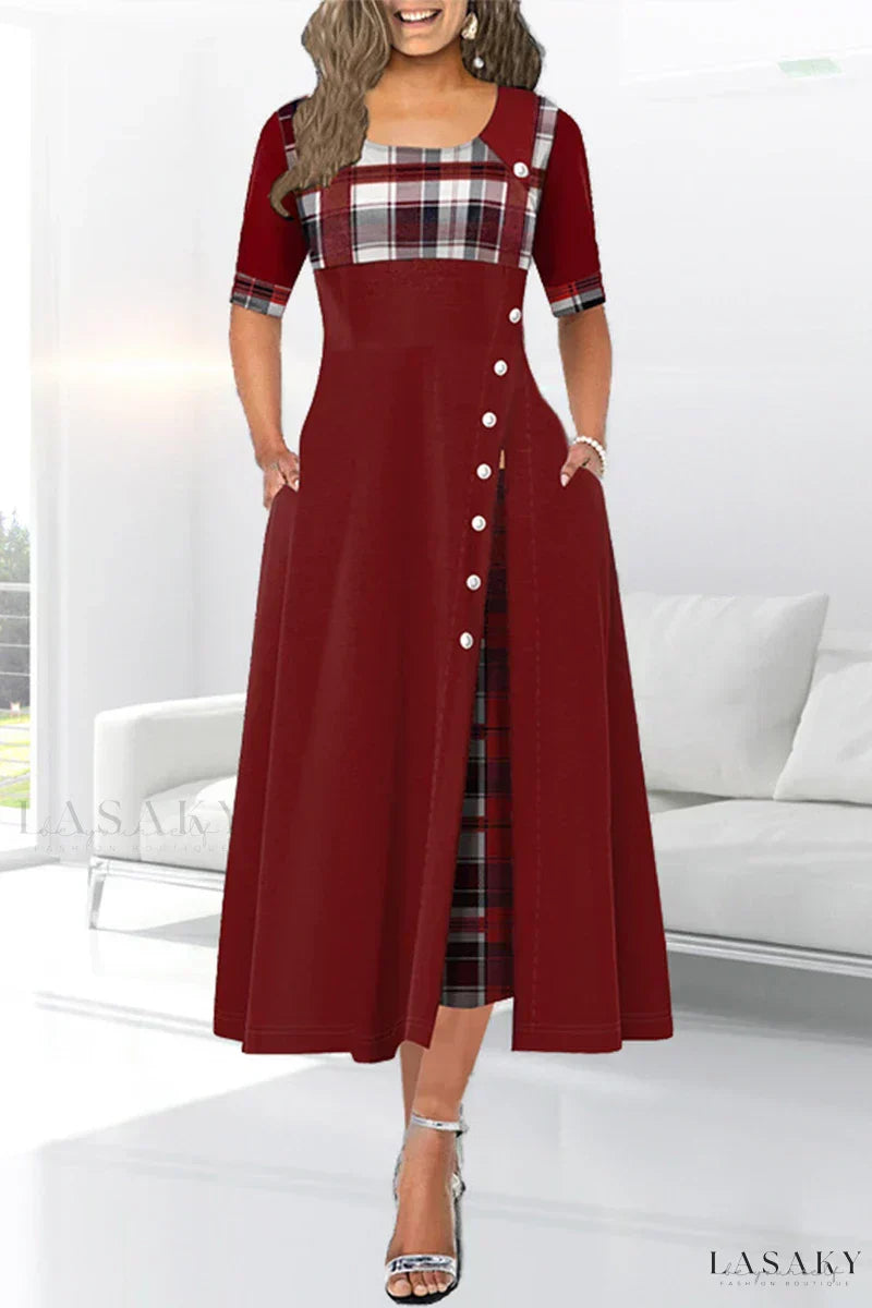 LP | Bordeaux-colored patchwork dress with cut-out at waist