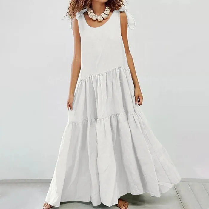 Mc | casual maxi dress with ruffle and plain lace-up cardigan