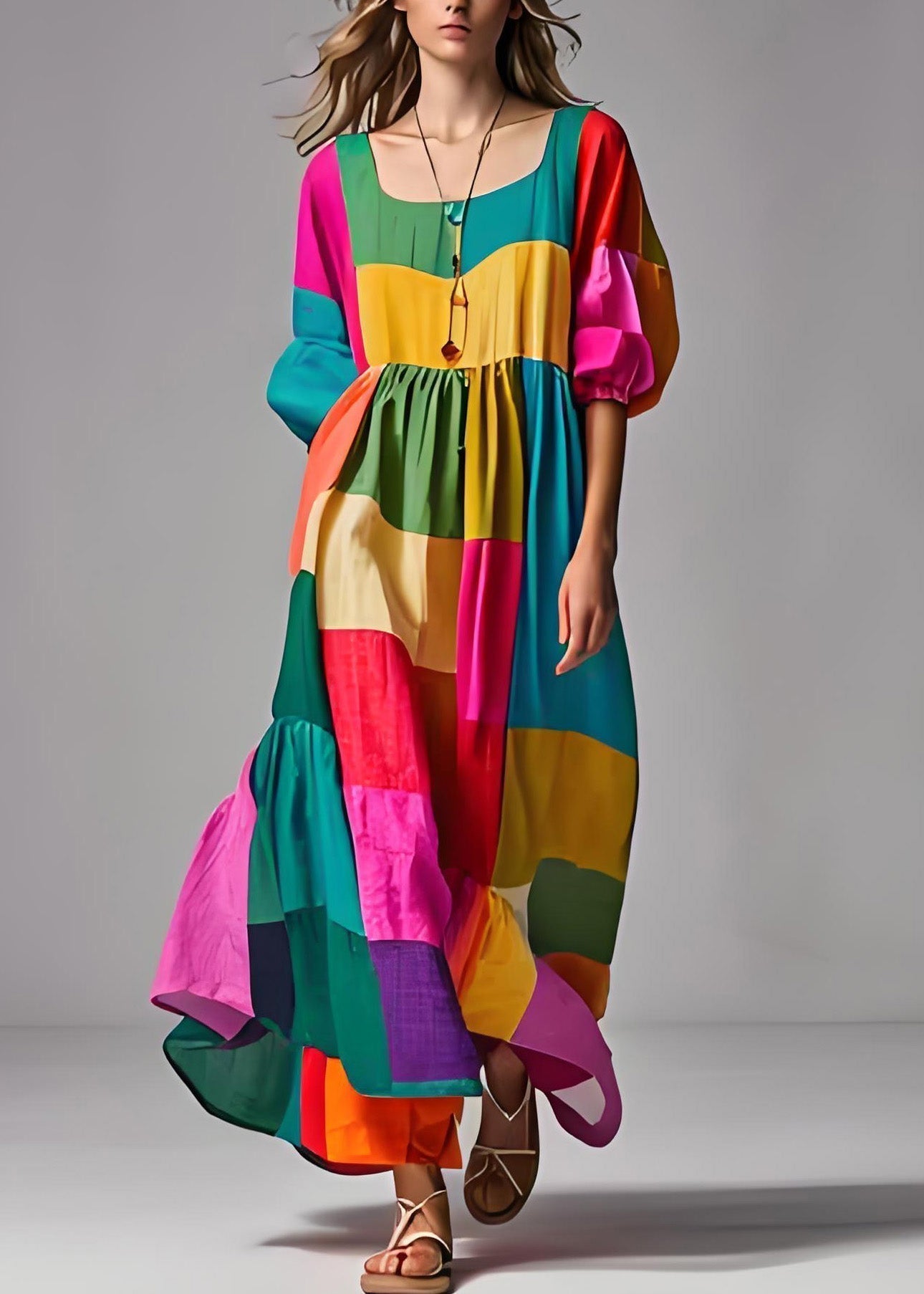 Mc | Colorful wide dress with puff sleeves and sweetheart neckline