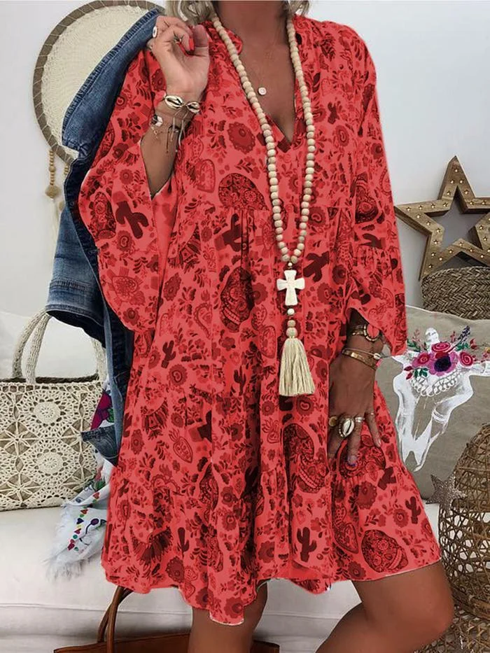 LP | Printed midi dress with 3/4 sleeves and V-neck by Fashionmigo