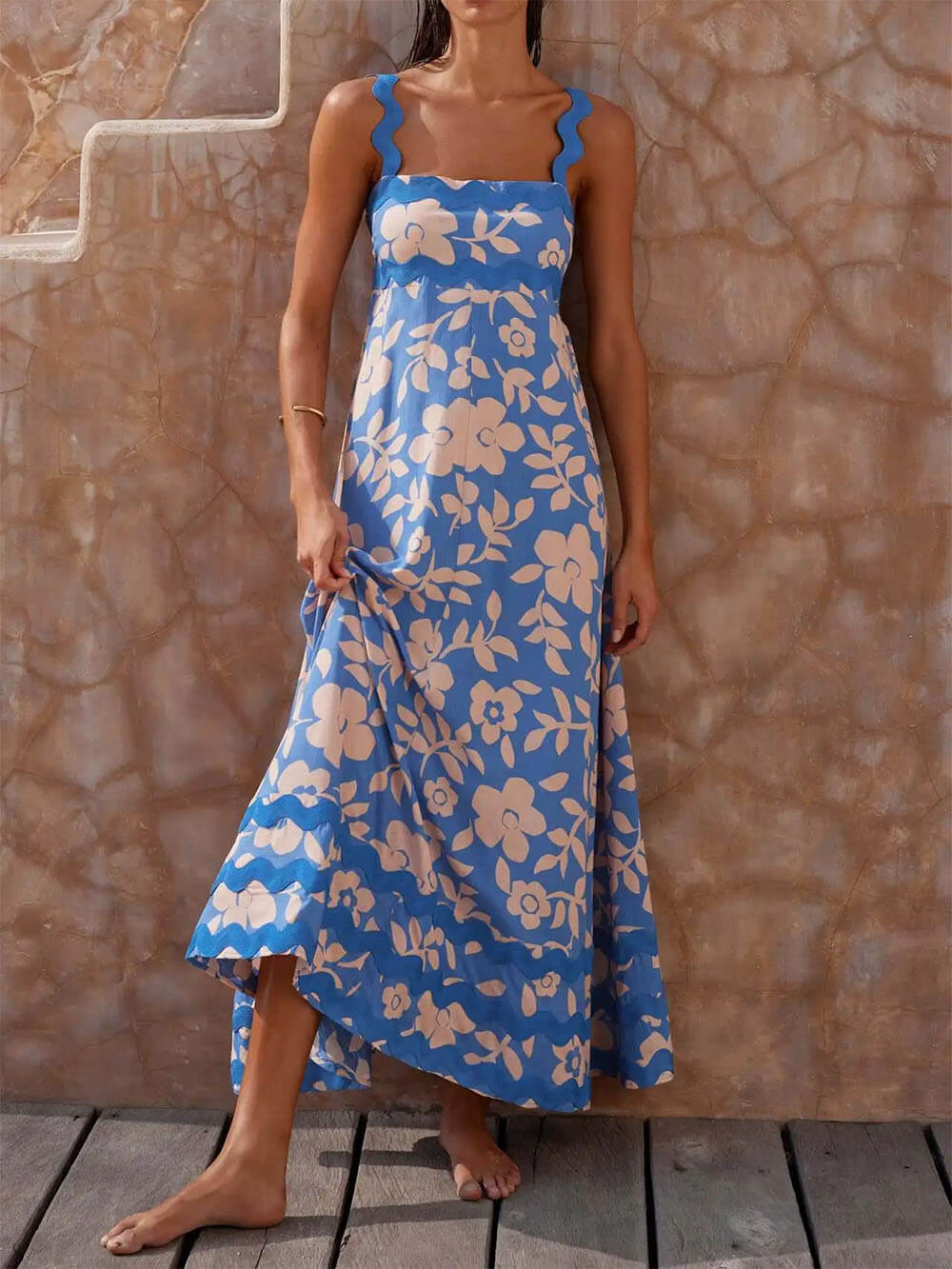 Mc | Strapless maxi dress with printed square neckline