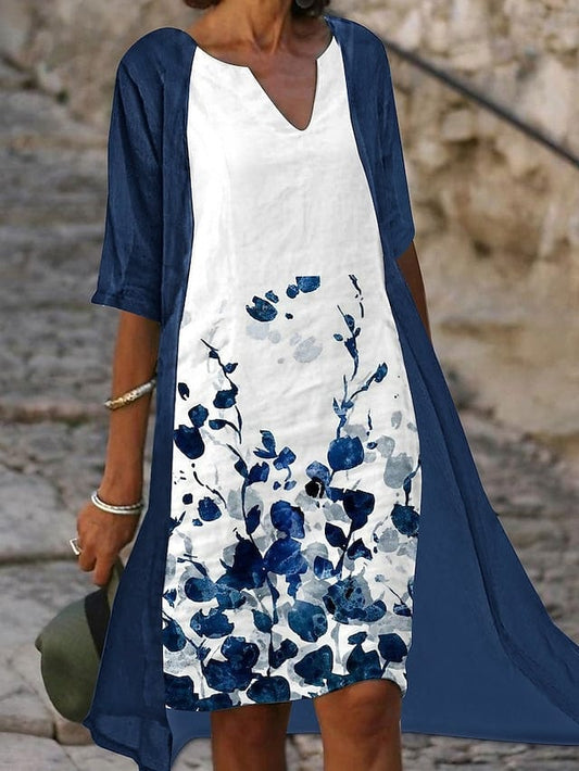 Nollie - Two-piece midi dress with blue floral print and elegant half-sleeves