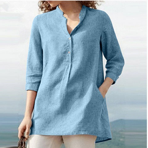 LP | Plain-colored shirt with three-quarter sleeves and high collar in cotton and linen