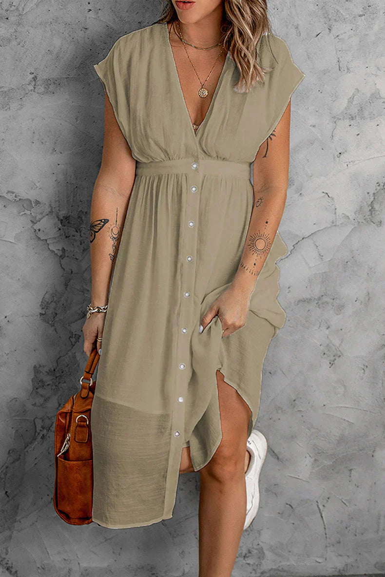 plain ladies dress with deep V-sleeves