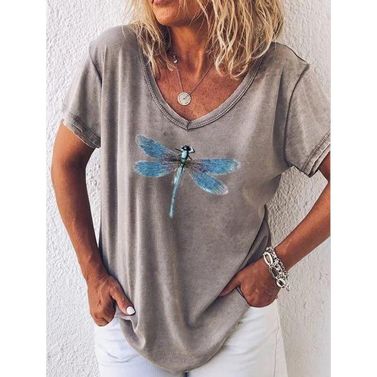 LP | casual T-shirt with V-neck and short sleeves with dragonfly pattern