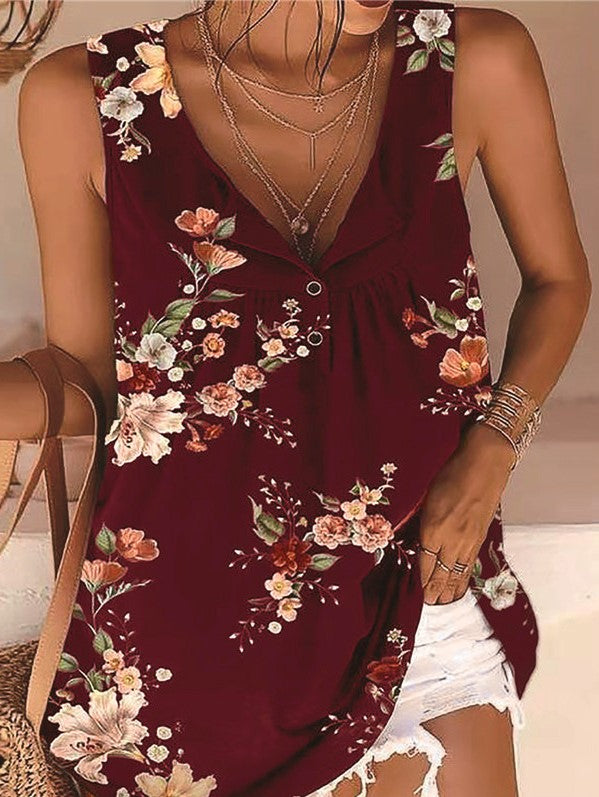 LD Printed V-Neck Twist Button Sleeveless Tanktop T-shirt
