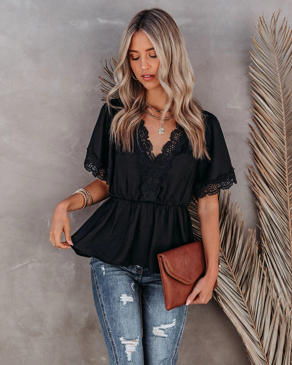 LD | short-sleeve v-neck sweater lace shirt solid-color casual top