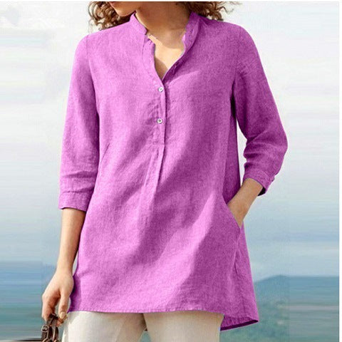 LP | Plain-colored shirt with three-quarter sleeves and high collar in cotton and linen