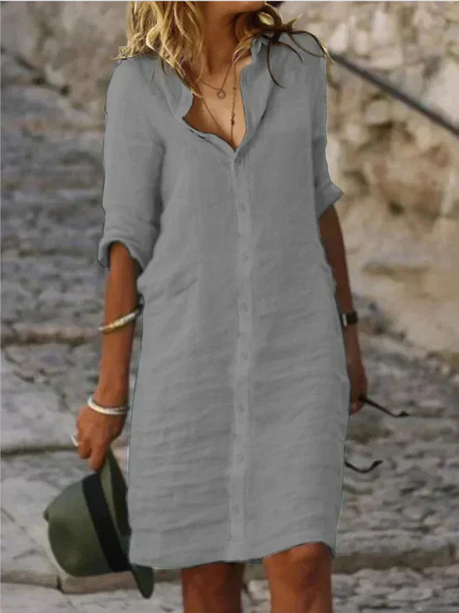 Plain cotton dresses with lapel buttons and half-sleeves