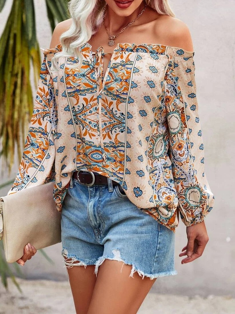 LD | Bohemian Floral Printed Off-The-Shoulder Ruffle Shirt