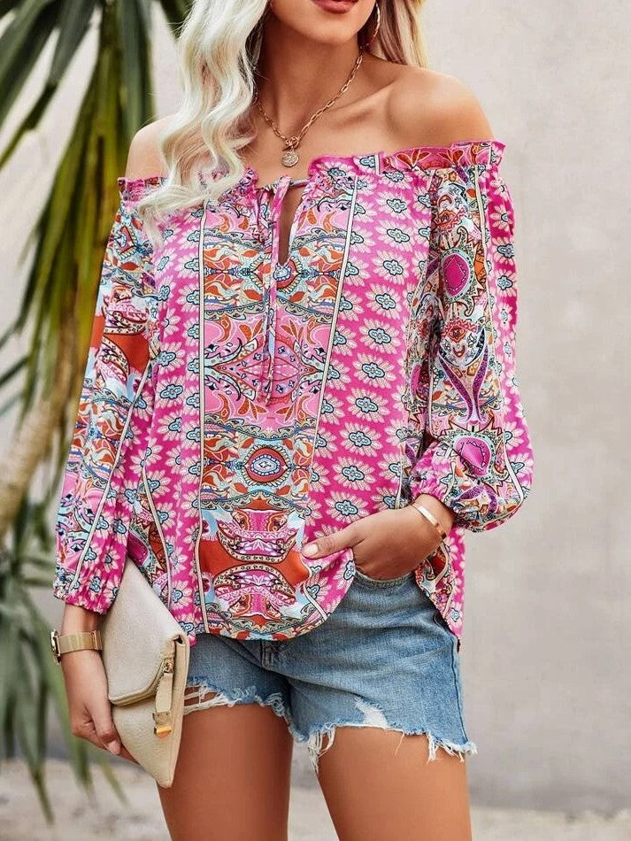 LD | Bohemian Floral Printed Off-The-Shoulder Ruffle Shirt