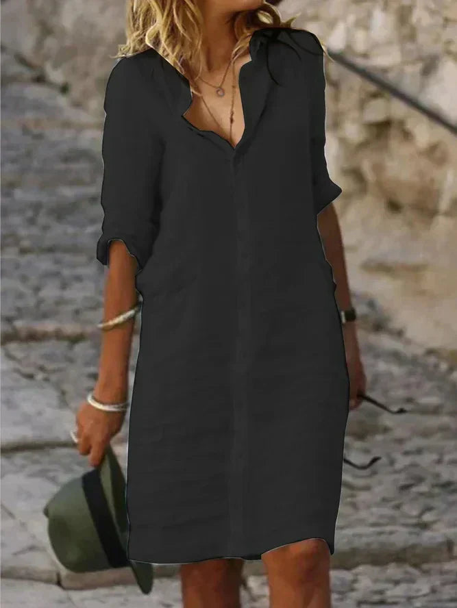 Plain cotton dresses with lapel buttons and half-sleeves
