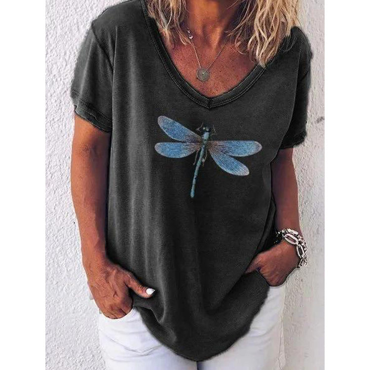 LP | casual T-shirt with V-neck and short sleeves with dragonfly pattern