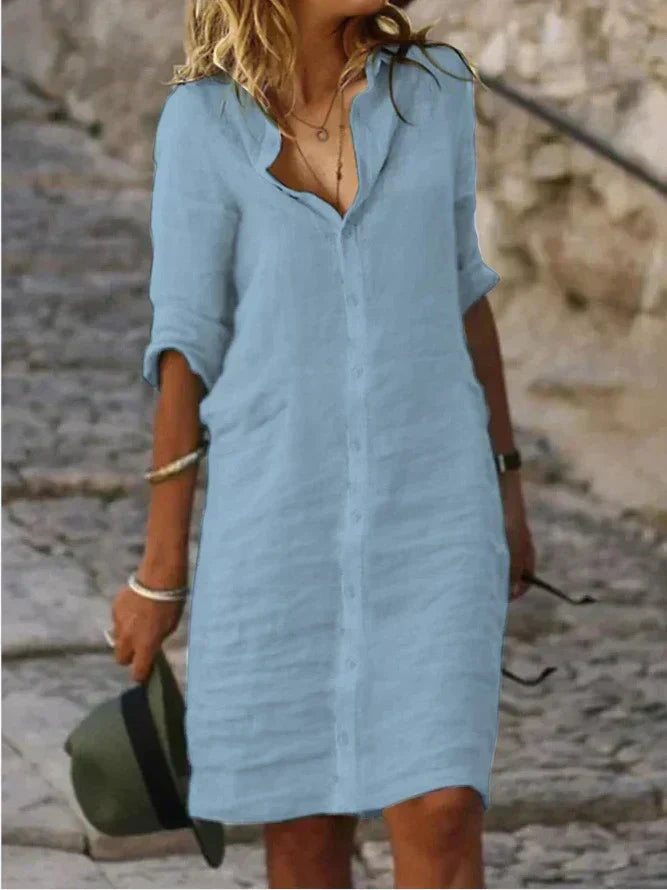 Plain cotton dresses with lapel buttons and half-sleeves