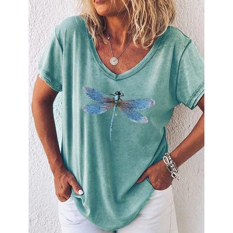 LP | casual T-shirt with V-neck and short sleeves with dragonfly pattern