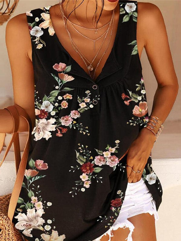 LD Printed V-Neck Twist Button Sleeveless Tanktop T-shirt