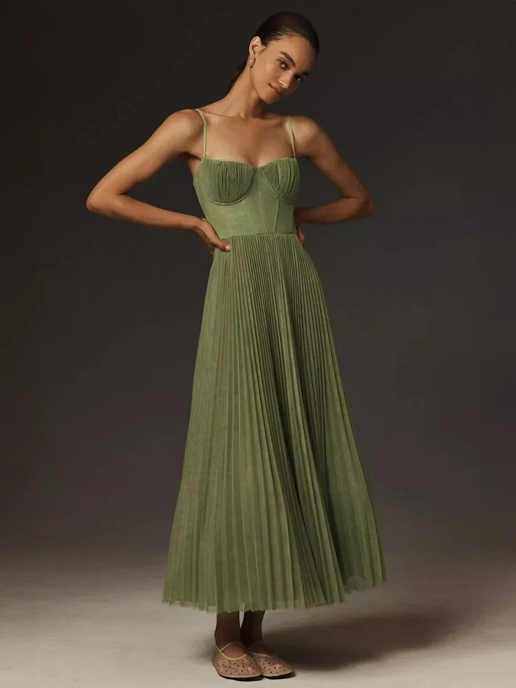 Octavia - flared midi dress with pleated tulle corset