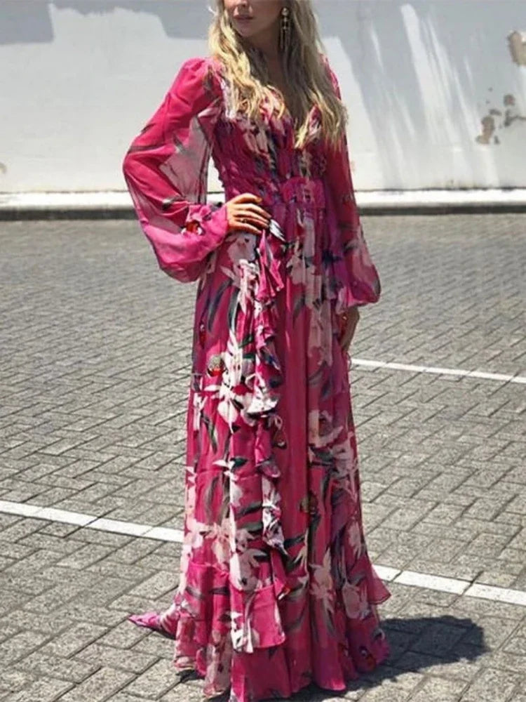 LP | Summer dress with long sleeves, V-neck and high waist