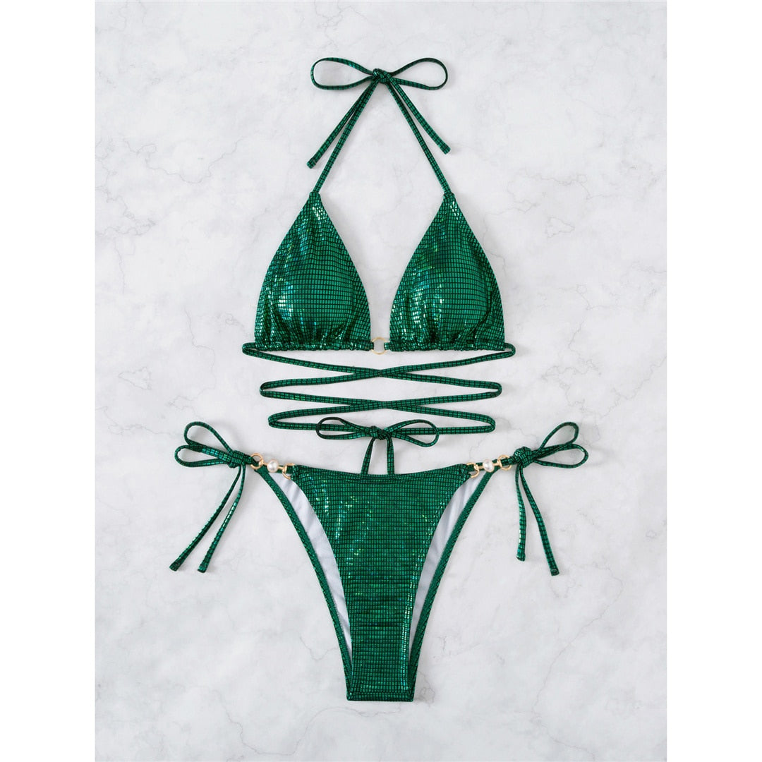 Green sequined bikini with sexy straps