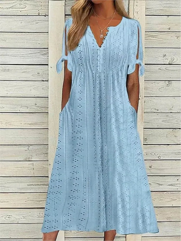 LP | Summer Solid Color Short Sleeve Women's Dresses Fashion Sexy Hollow V Neck Lace Ruffle Casual Simple Women's Beach Vacation Dress