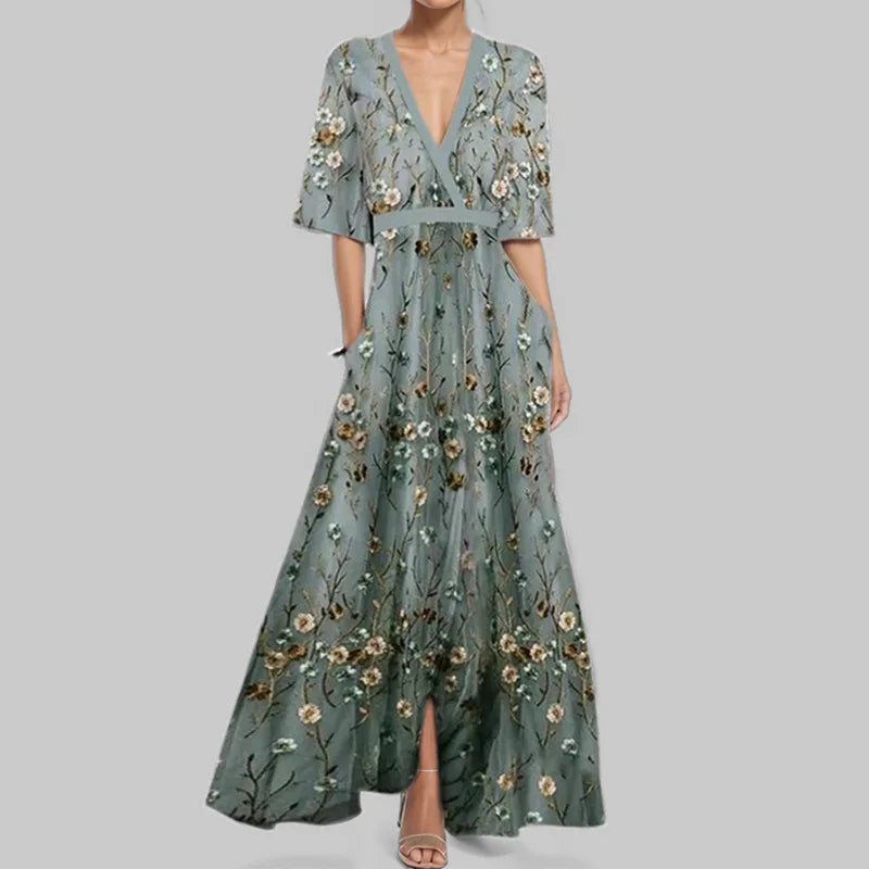 LP | Spring Summer Women Fashion V Neck Strap Party Dress Long Print Sexy Boho Maxi Dresses Short Sleeve Bag Femlae Holiday