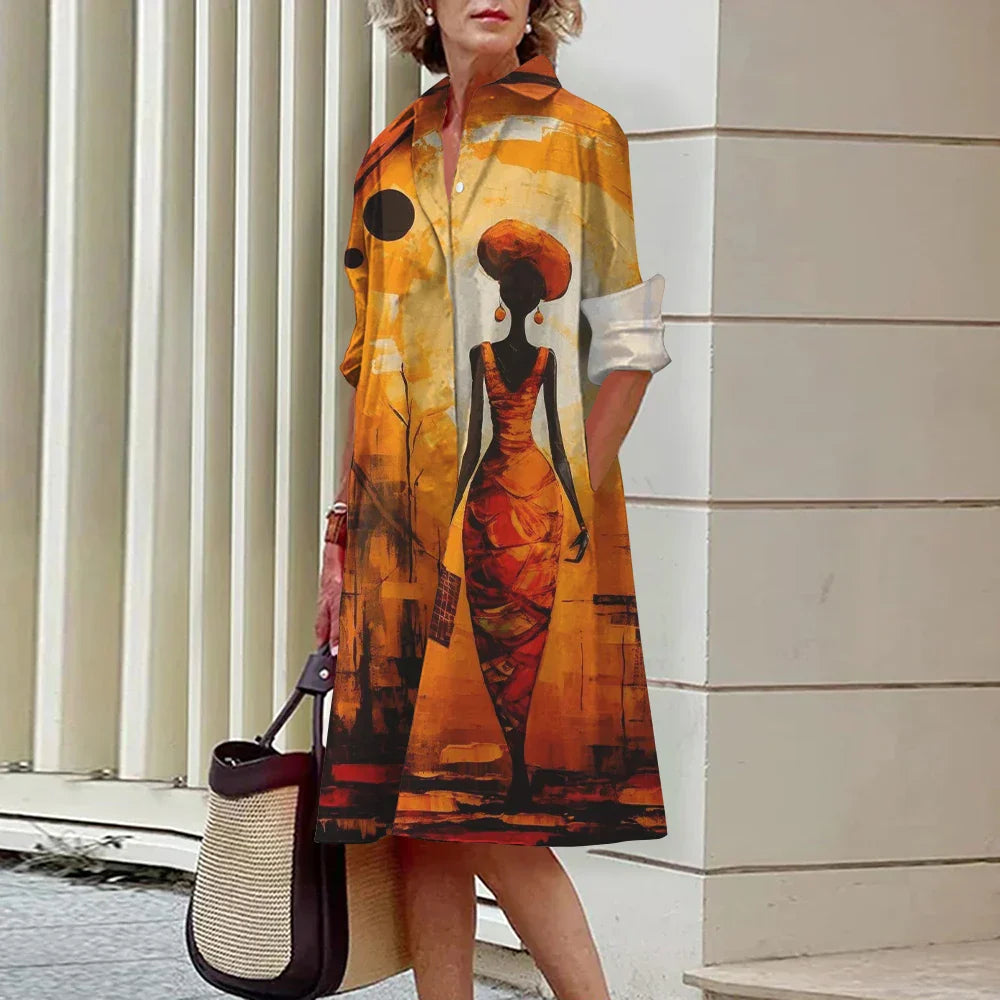 LP | Summer New Elegant Women's Shirt Women Casual Printed Long Sleeve Fashion Lapel Road Women Dresses Dinner Party Dresses