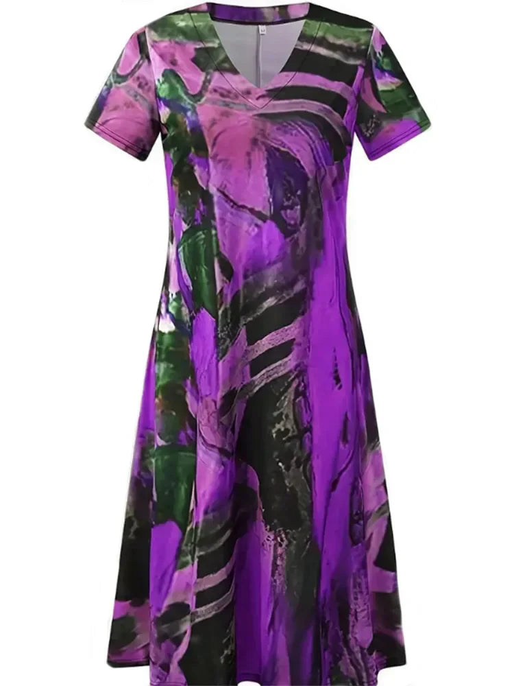 LP | Plus Size 2024 Summer New Women V-neck short sleeve irregular pattern printed Casual loose summer Best Choice