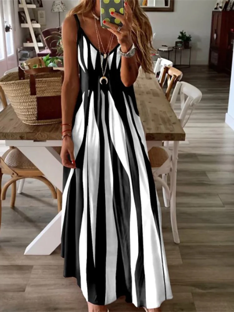 LP | Sexy Sleeveless Women's Black White Striped Printed Long Dresses Summer Casual Holiday Party Dress Robe
