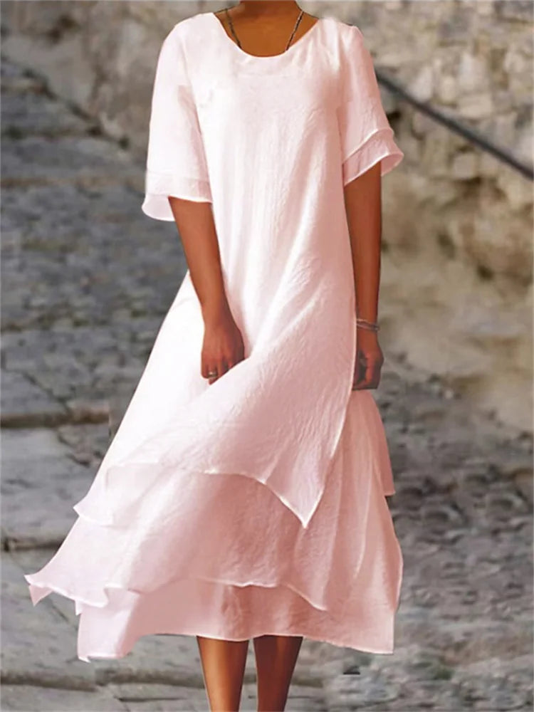 Double-layer dress with short sleeves and round neckline