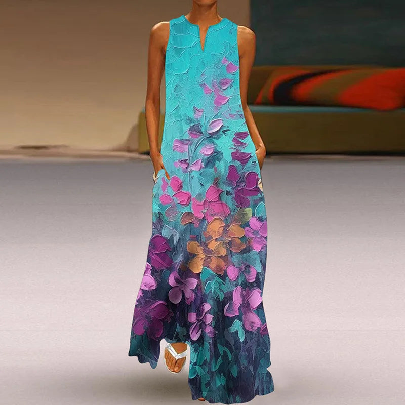 LP | 2025 Summer New Vintage Flower Printed Long Dresses Women Fashion V-neck Loose Sleeveless Dress Casual Pendulous Vestidos Female