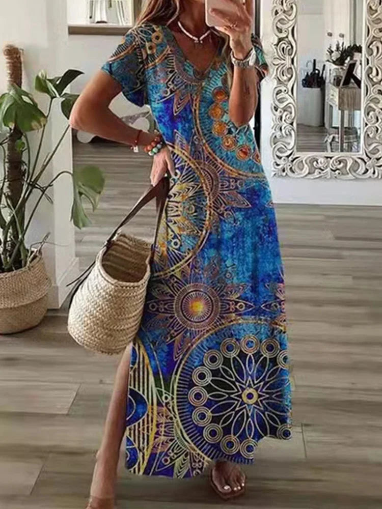 LP | T-shirt-printed irregular geometric Long dress Women's Summer Round neck Short sleeve A-Line casual dress-for-holidays