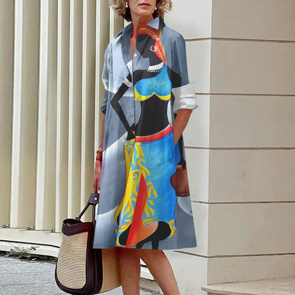 LP | Summer New Elegant Women's Shirt Women Casual Printed Long Sleeve Fashion Lapel Road Women Dresses Dinner Party Dresses