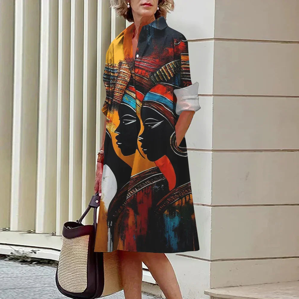 LP | Summer New Elegant Women's Shirt Women Casual Printed Long Sleeve Fashion Lapel Road Women Dresses Dinner Party Dresses