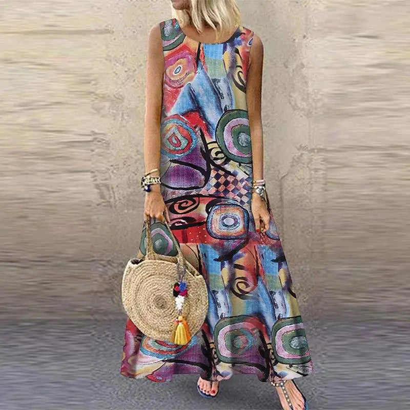 LP | ZANZEA Bohemian Floral Printed Dress Women Vintage Sleeveless O Neck Beach Sundress Summer Femme Fashion Vestido Robe Sarafans