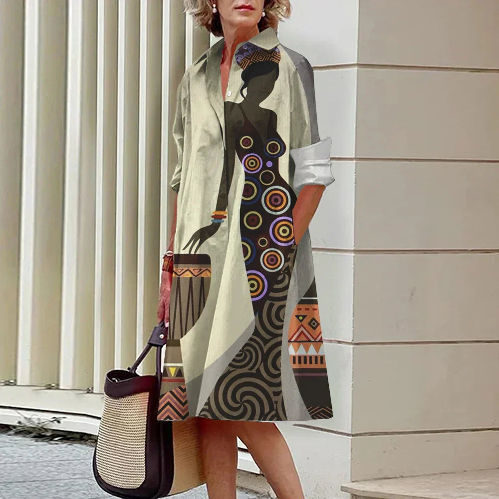 LP | Summer New Elegant Women's Shirt Women Casual Printed Long Sleeve Fashion Lapel Road Women Dresses Dinner Party Dresses