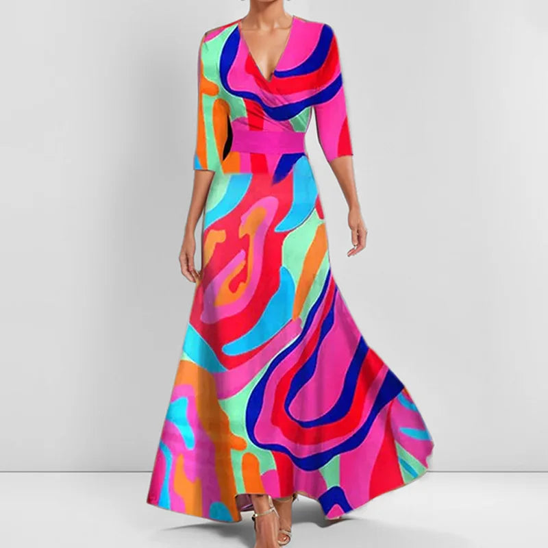 LP | Spring Summer Women Fashion V Neck Strap Party Dress Long Print Sexy Boho Maxi Dresses Short Sleeve Bag Femlae Holiday