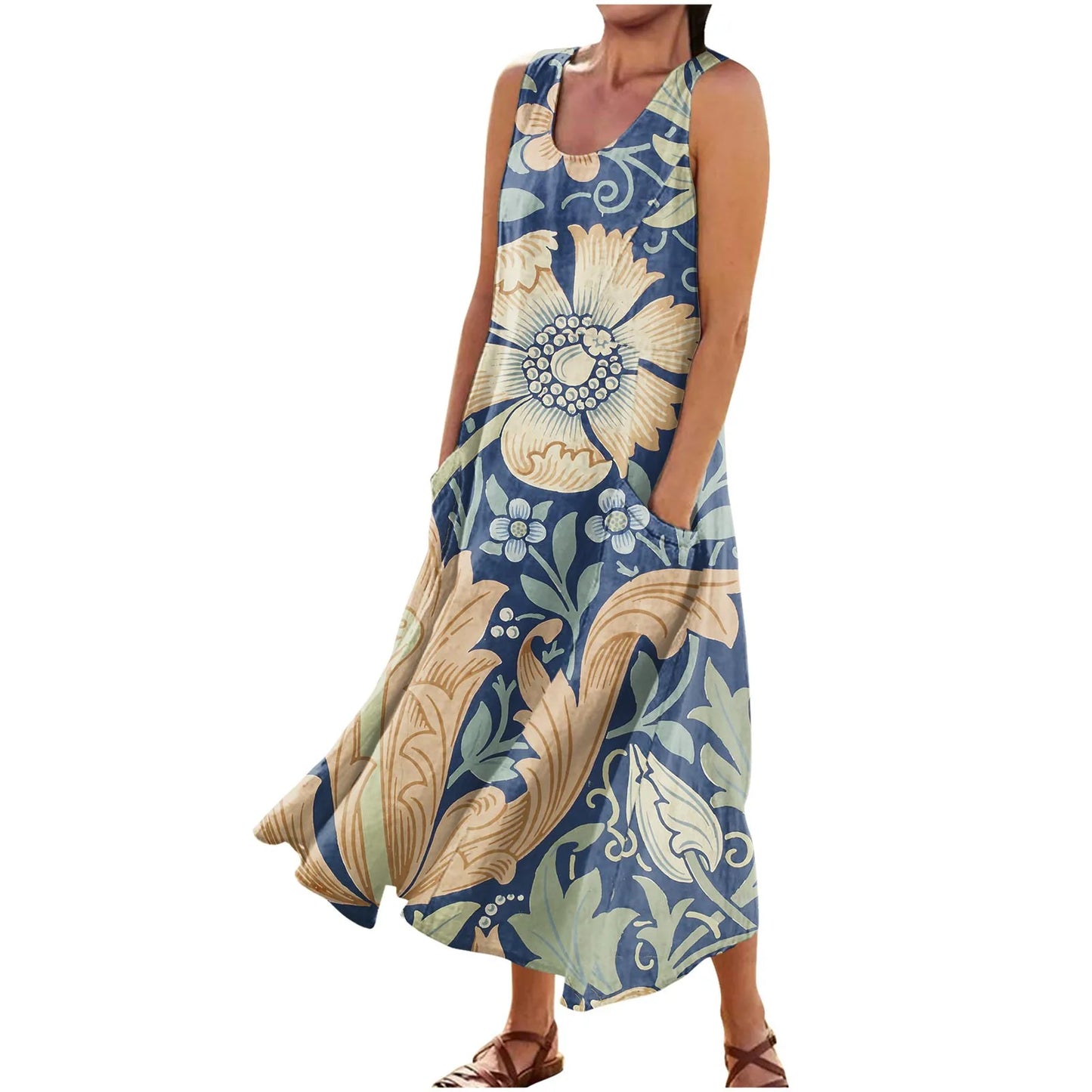 LP | Floral Summer Dress Women Vintage Sleeveless Floral Printed Long Dress Cotton Linen Sundress Baggy Beach Vestido Sarafans
