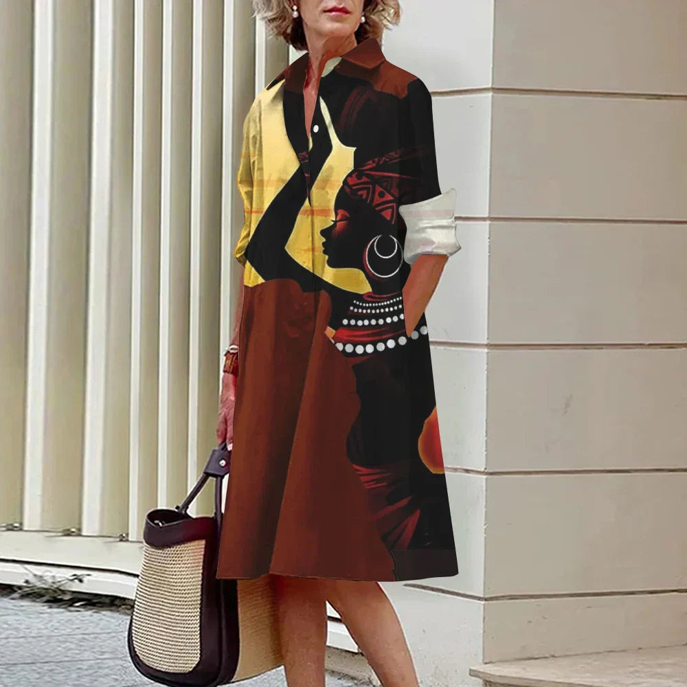 LP | Summer New Elegant Women's Shirt Women Casual Printed Long Sleeve Fashion Lapel Road Women Dresses Dinner Party Dresses