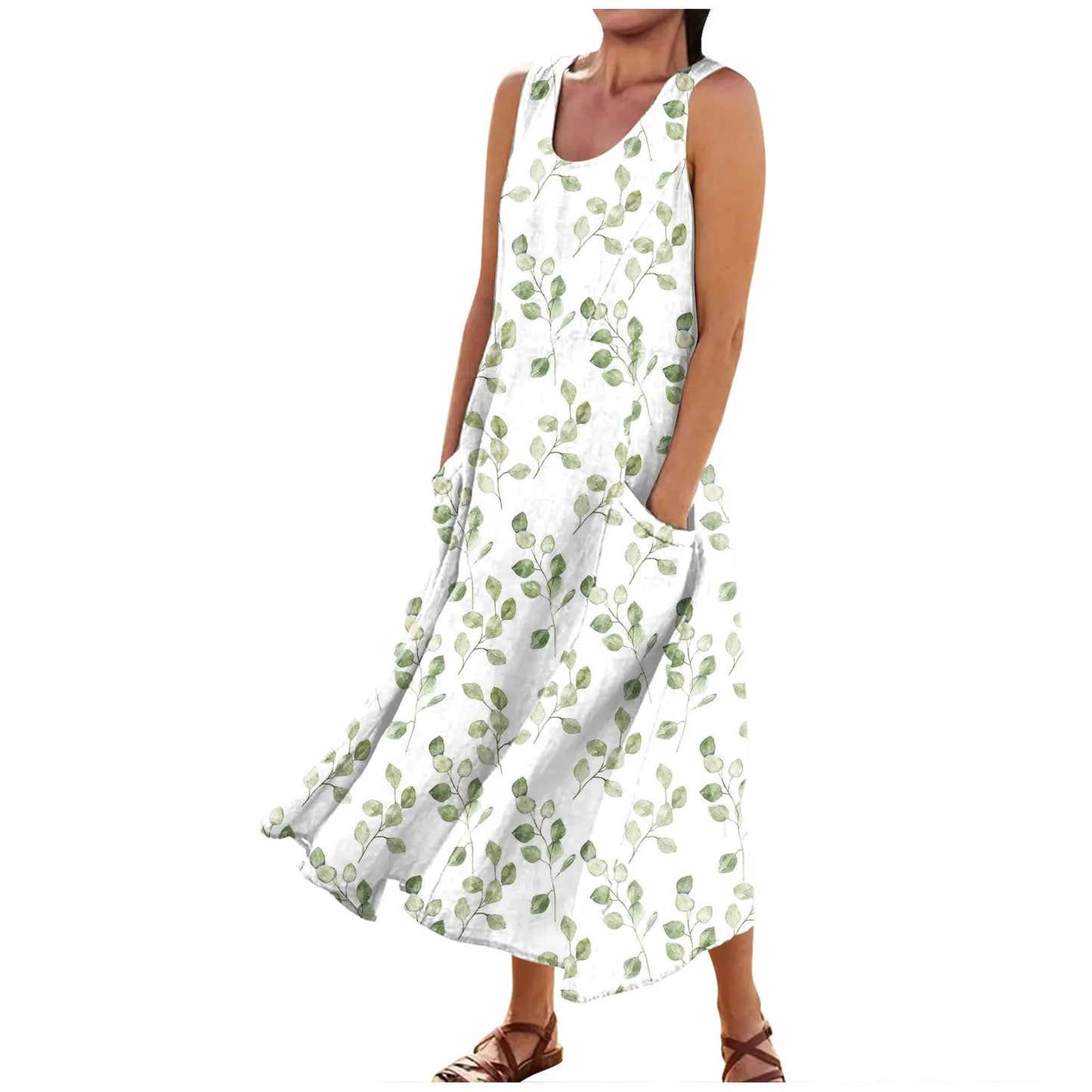 LP | Women's Boho Floral Printed Beach Long Dress Fashion Round Neck Suspender Dresses Elegant Casual Loose Comfortable Dress 2024