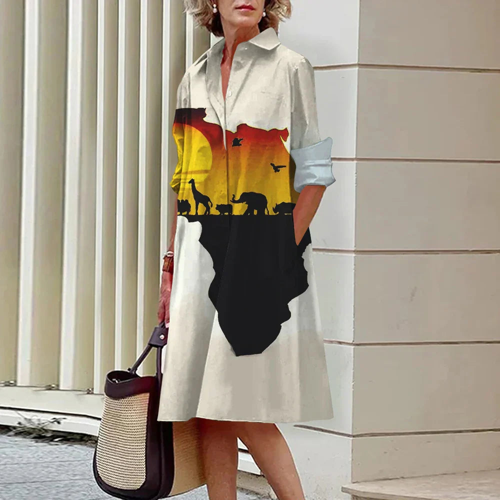 LP | Summer New Elegant Women's Shirt Women Casual Printed Long Sleeve Fashion Lapel Road Women Dresses Dinner Party Dresses