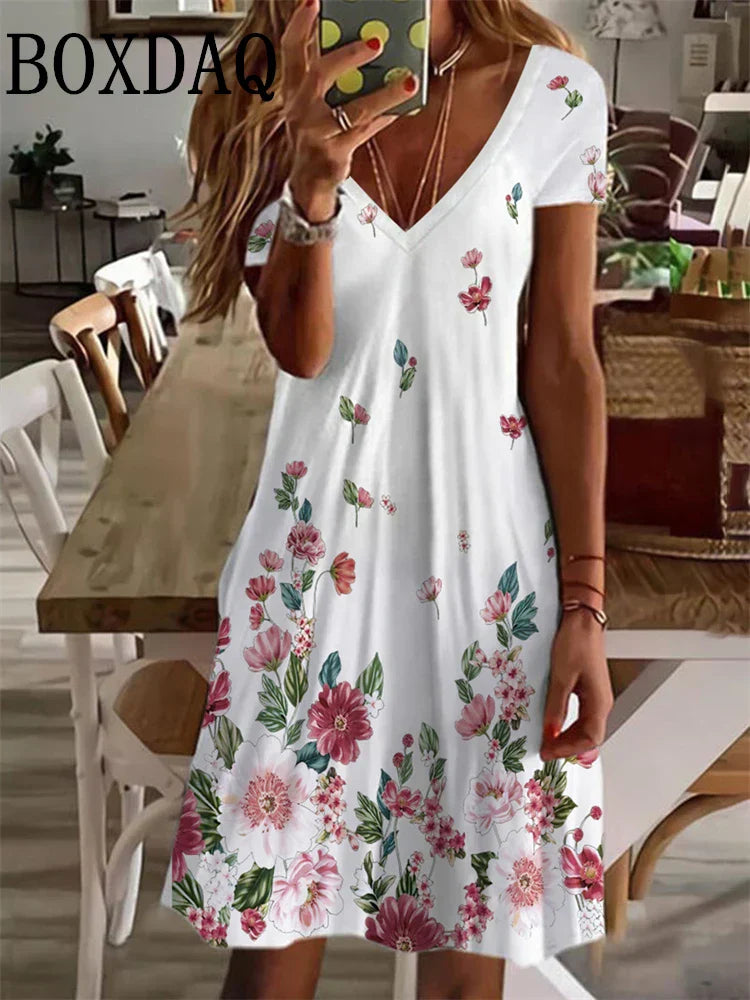 LP | Women's Sundress Midi Dress Short Sleeve Floral Print Summer Casual V Neck Loose Dresses Plus Size 2024 Women's Clothing Vestidos