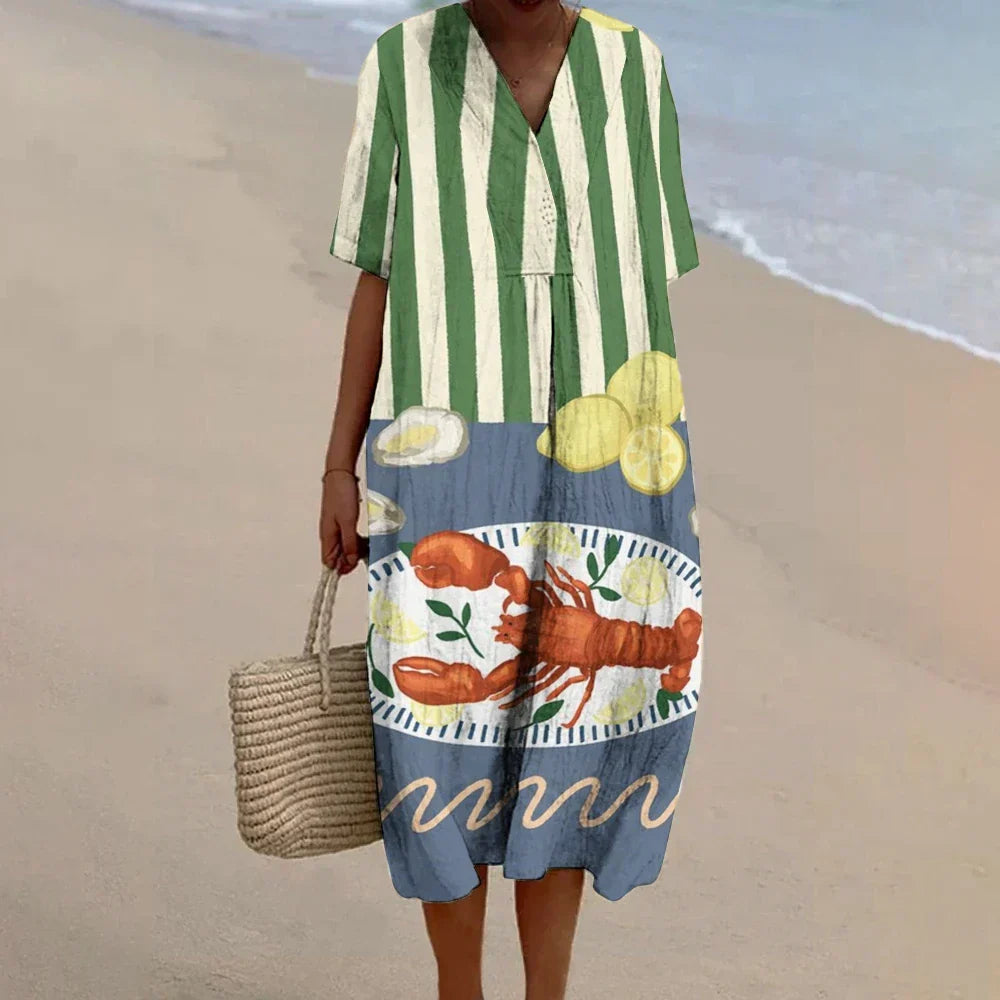 LP | Women's crab-printed dress Summer cotton sewing dress Boho cotton vacation dresses Women's 2024 Luxury Hawaii beach dresses