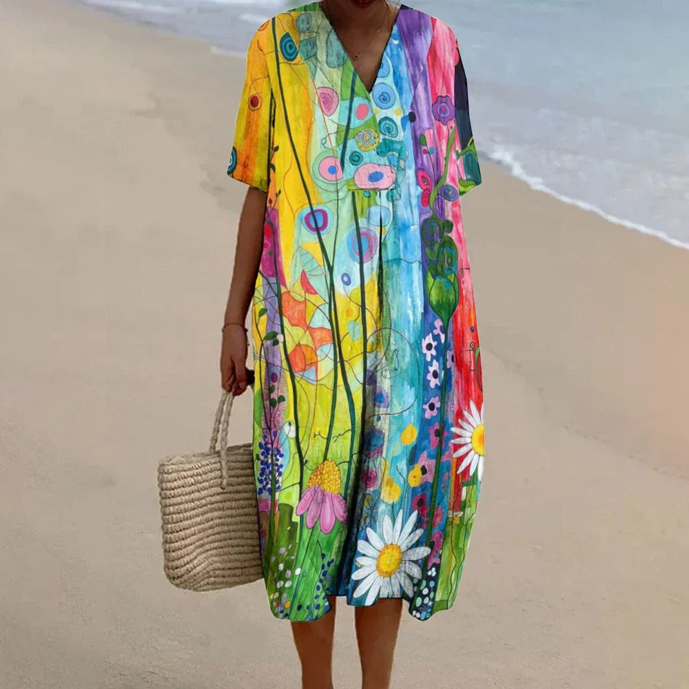 LP | Bohemian Style Baggy Flowy Beach Dresses Venezuela Linen Elegant Cotton V-neck A-line Luxury Brand Robe