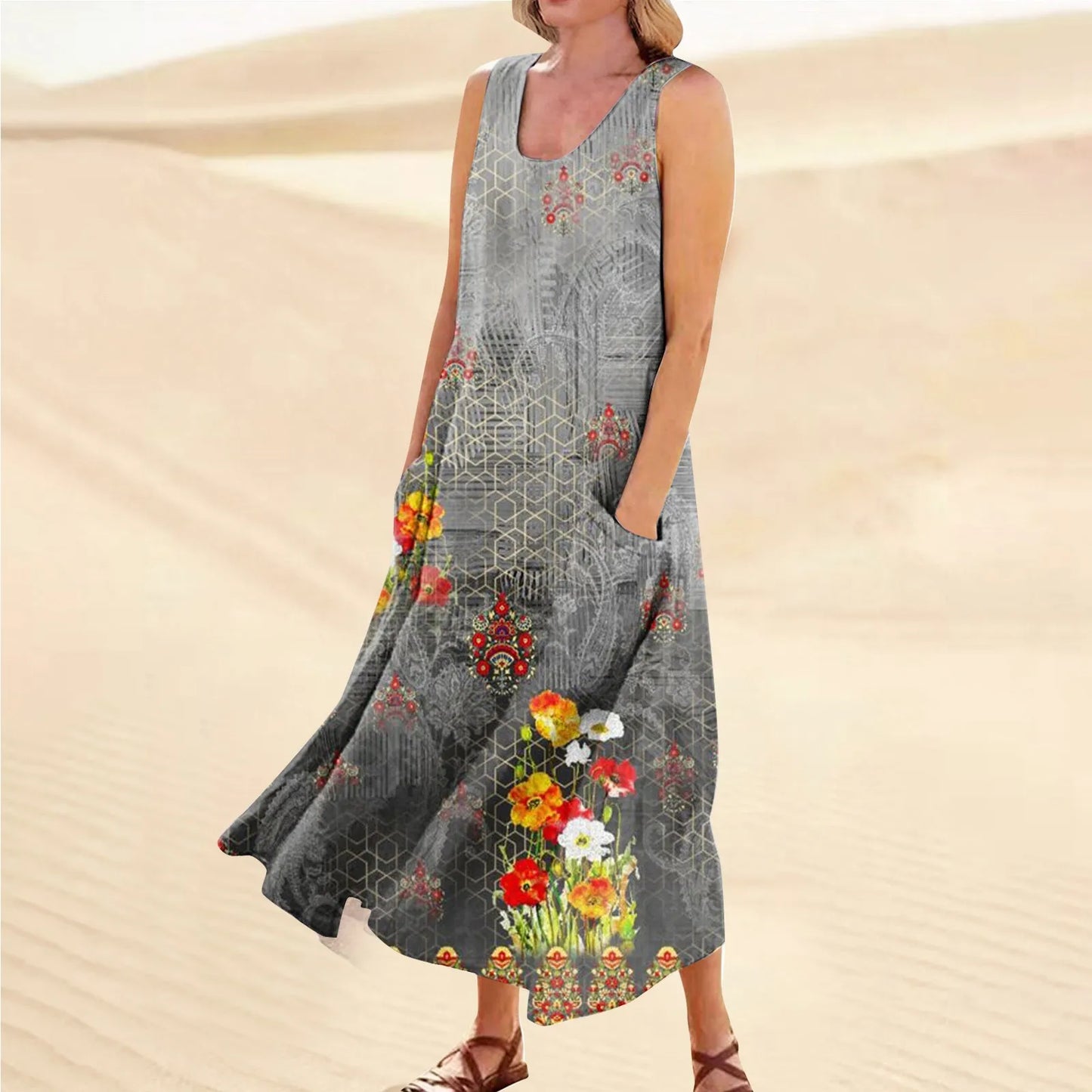 LP | Women's casual retro summer dresses Beach cover-ups with pockets Plus Size Cotton loose linen T-shirt Long beach dress
