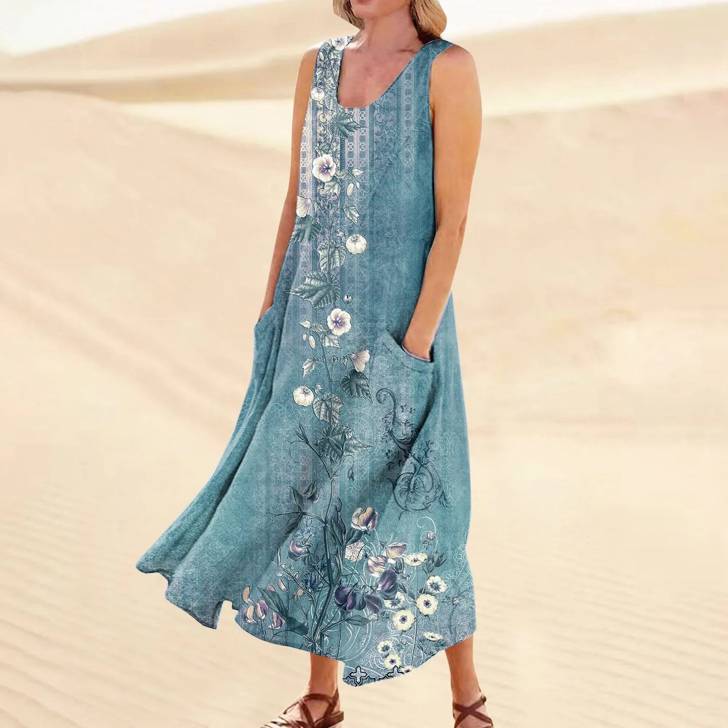 LP | Women's casual retro summer dresses Beach cover-ups with pockets Plus Size Cotton loose linen T-shirt Long beach dress