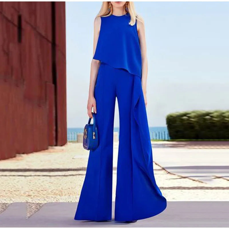 Casual, sleeveless, straight-cut pants with a skinny front and wide legs for women