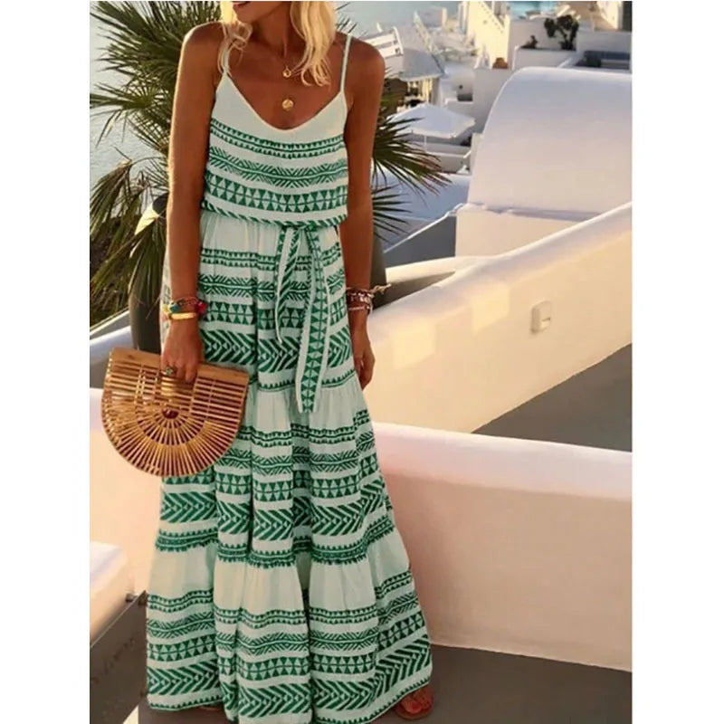 LP | Bohemian Style Print Spaghetti Strap Long Dresses Women's V-neck Leace-up Casual Beach Camisole Dress 2024 Summer New Lady Vestido